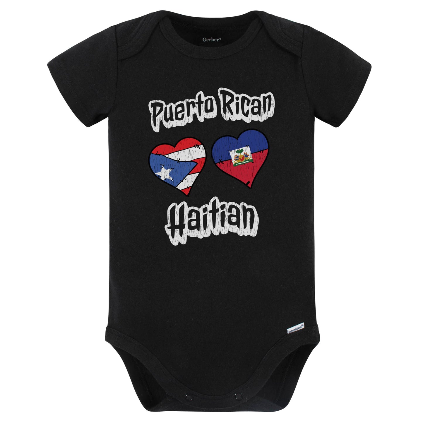 Puerto Rican Haitian Flag Heart Combo Puerto Rico Haiti Baby Bodysuit Distressed (Black)