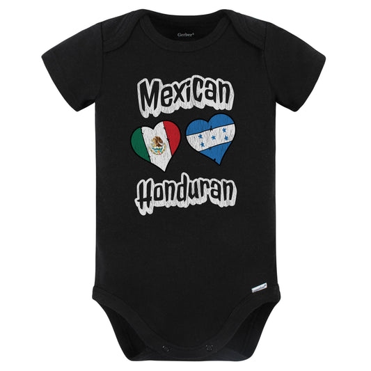 Mexican Honduran Flag Heart Combo Mexico Honduras Baby Bodysuit Distressed (Black)