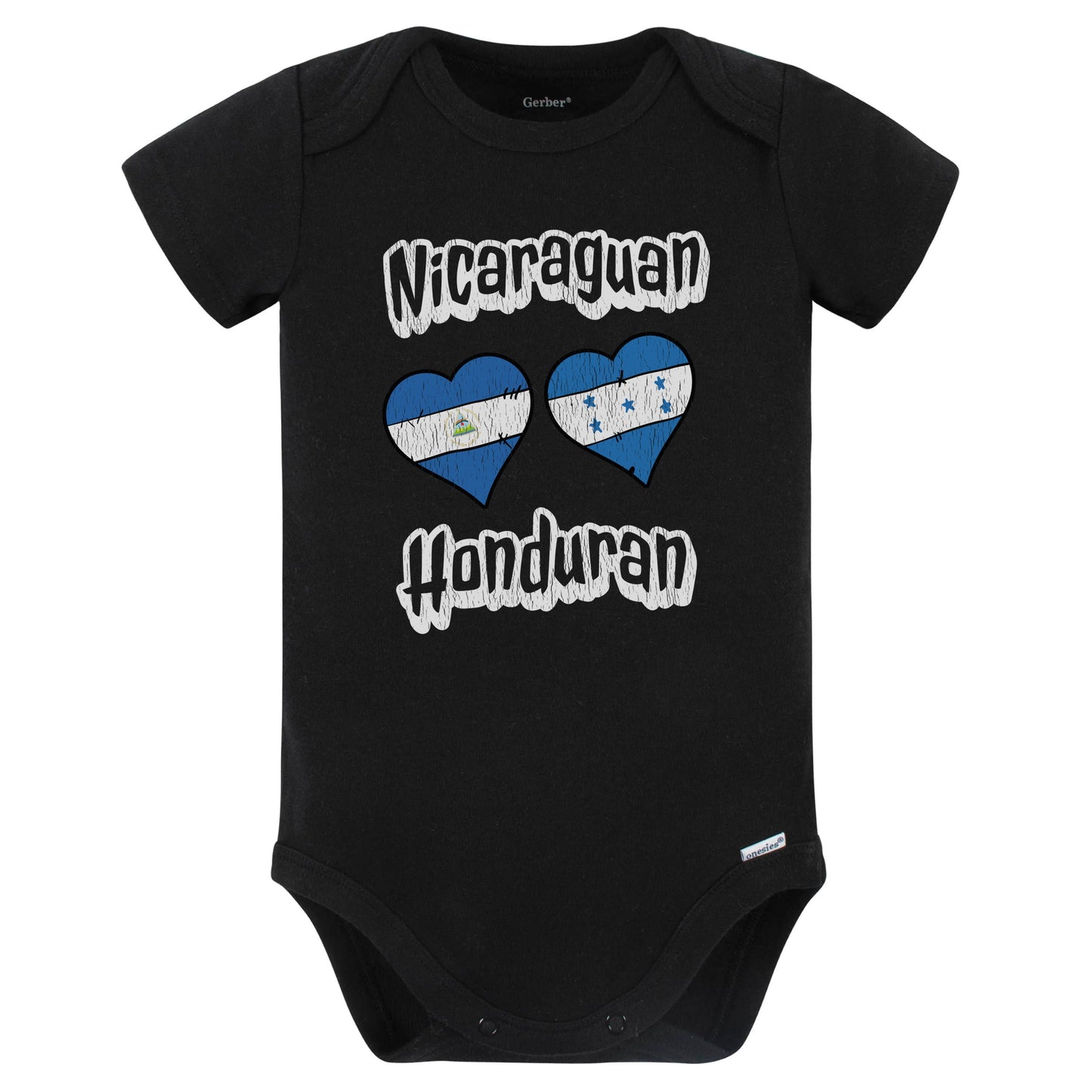 Nicaraguan Honduran Flag Heart Combo Nicaragua Honduras Baby Bodysuit Distressed (Black)