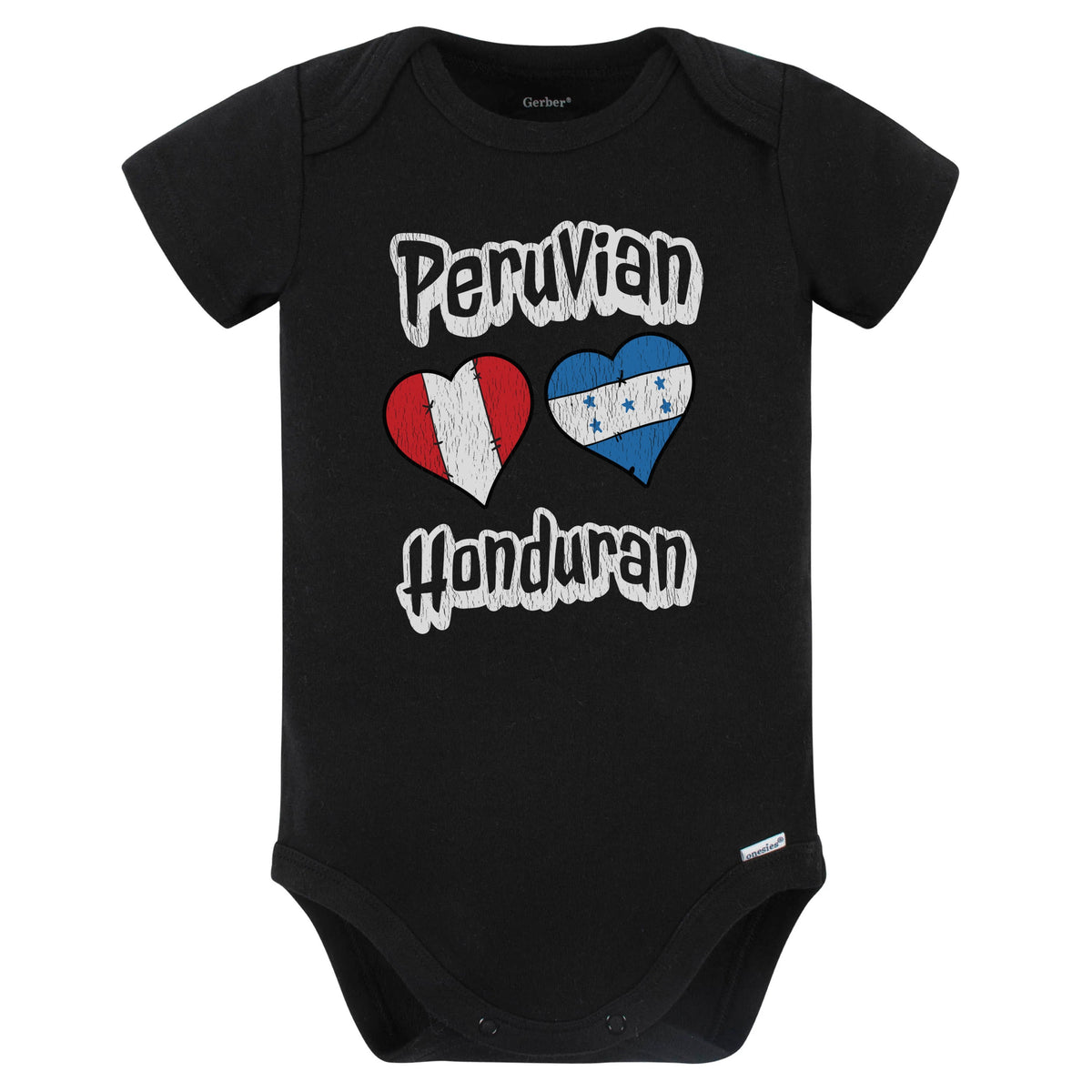 Peruvian Honduran Flag Heart Combo Peru Honduras Baby Bodysuit Distressed (Black)