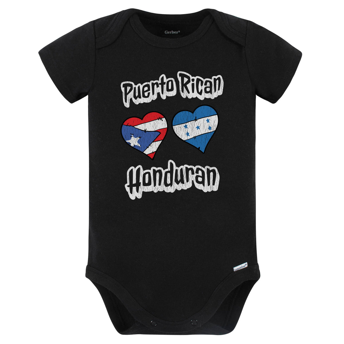 Puerto Rican Honduran Flag Heart Combo Puerto Rico Honduras Baby Bodysuit Distressed (Black)