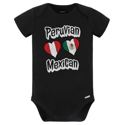 Peruvian Mexican Flag Heart Combo Peru Mexico Baby Bodysuit Distressed (Black)