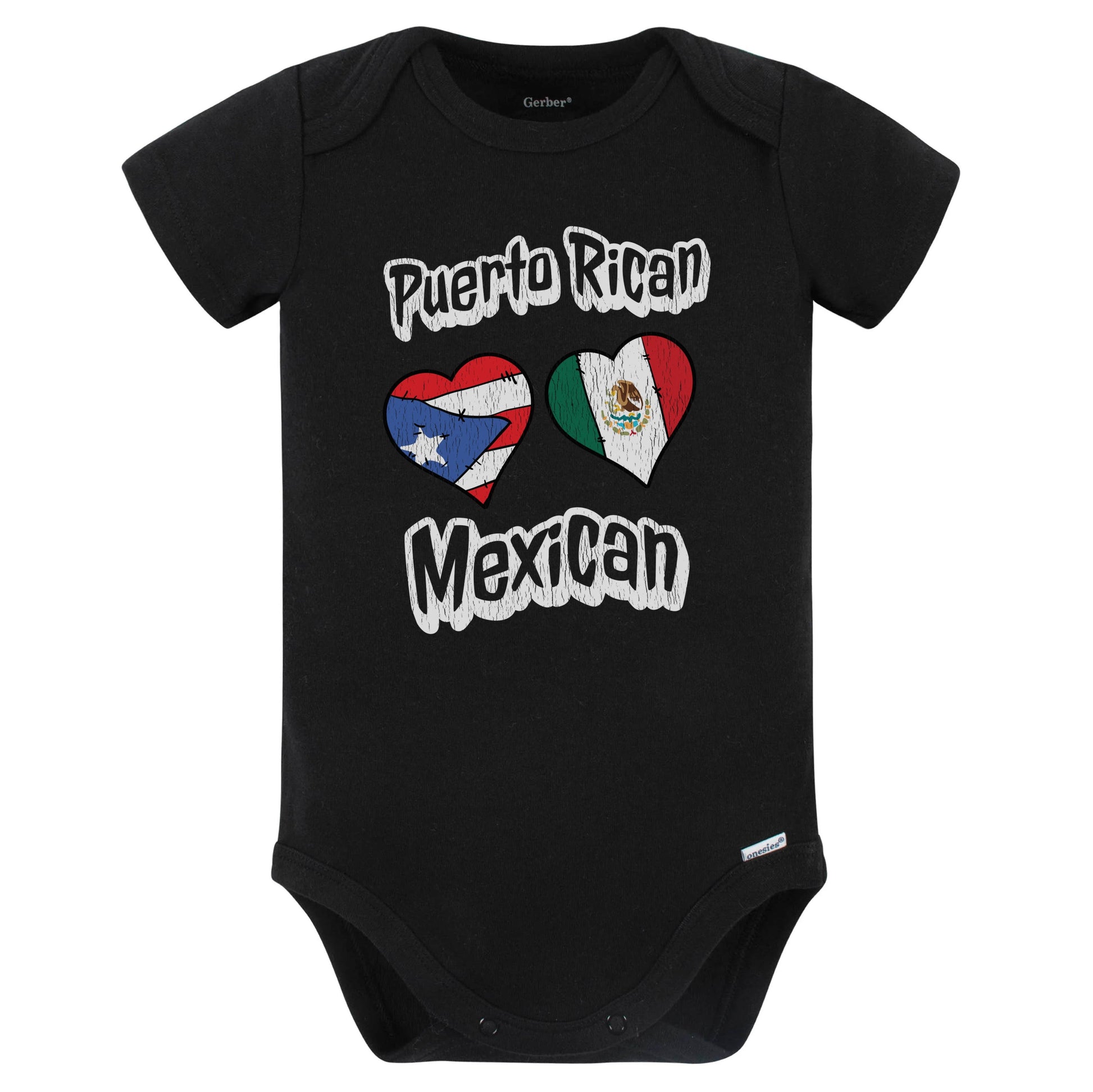 Puerto Rican Mexican Flag Heart Combo Puerto Rico Mexico Baby Bodysuit Distressed (Black)