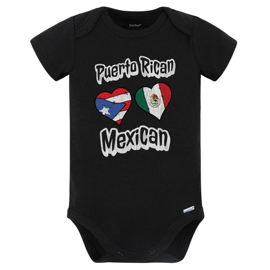 Puerto Rican Mexican Flag Heart Combo Puerto Rico Mexico Baby Bodysuit Distressed (Black)
