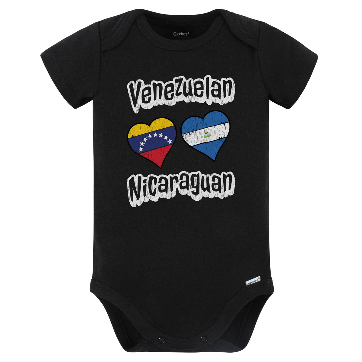 Venezuelan Nicaraguan Flag Heart Combo Venezuela Nicaragua Baby Bodysuit Distressed (Black)