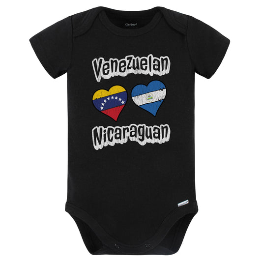 Venezuelan Nicaraguan Flag Heart Combo Venezuela Nicaragua Baby Bodysuit Distressed (Black)