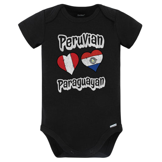 Peruvian Paraguayan Flag Heart Combo Peru Paraguay Baby Bodysuit Distressed (Black)