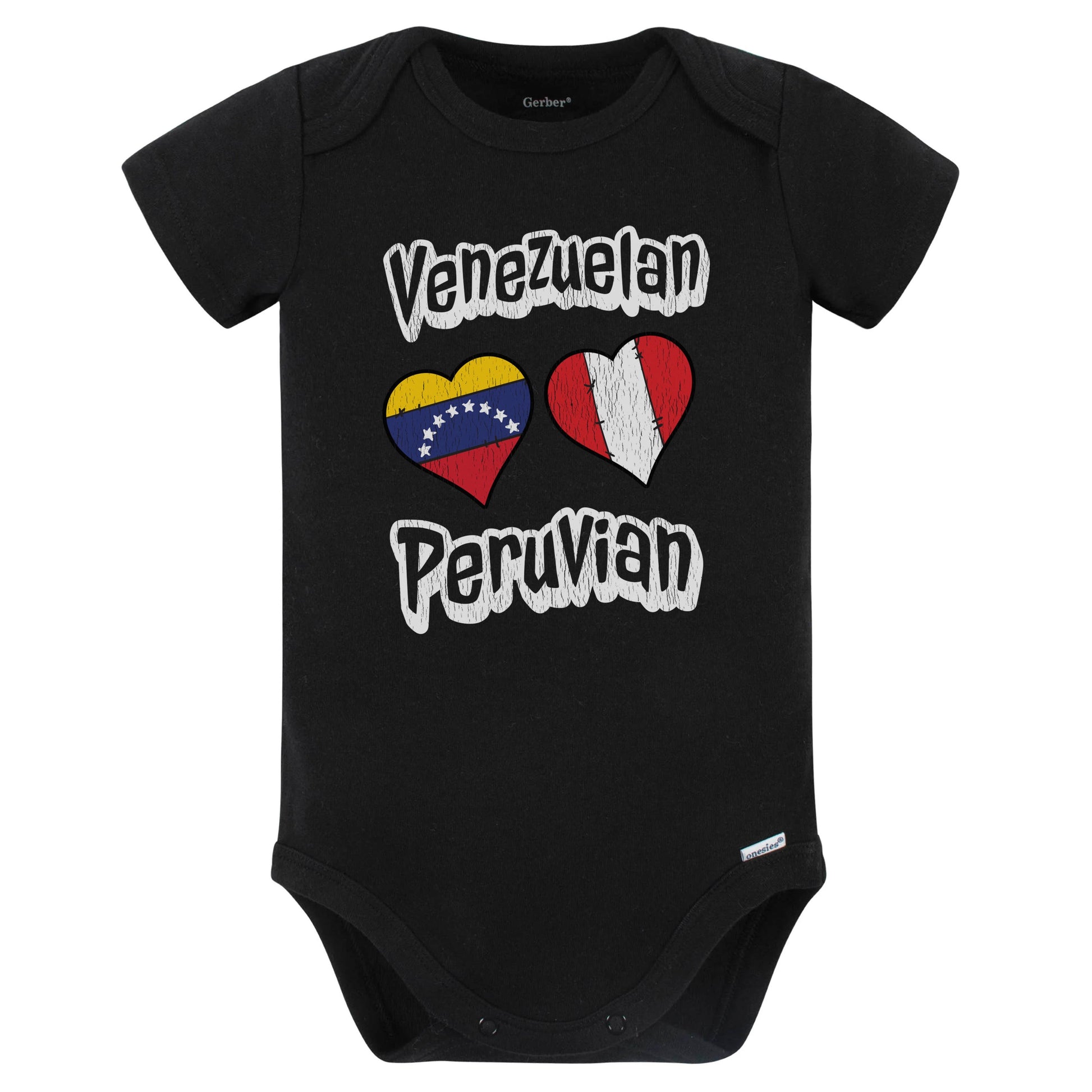 Venezuelan Peruvian Flag Heart Combo Venezuela Peru Baby Bodysuit Distressed (Black)