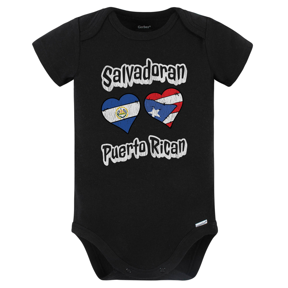 Salvadoran Puerto Rican Flag Hearts El Salvador Puerto Rico Baby Bodysuit Distressed (Black)