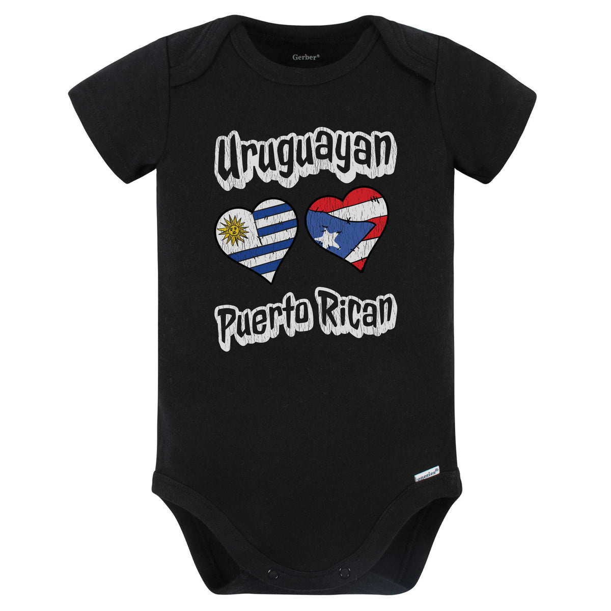Uruguayan Puerto Rican Flag Heart Combo Uruguay Puerto Rico Baby Bodysuit Distressed (Black)
