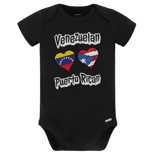 Venezuelan Puerto Rican Flag Hearts Venezuela Puerto Rico Baby Bodysuit Distressed (Black)