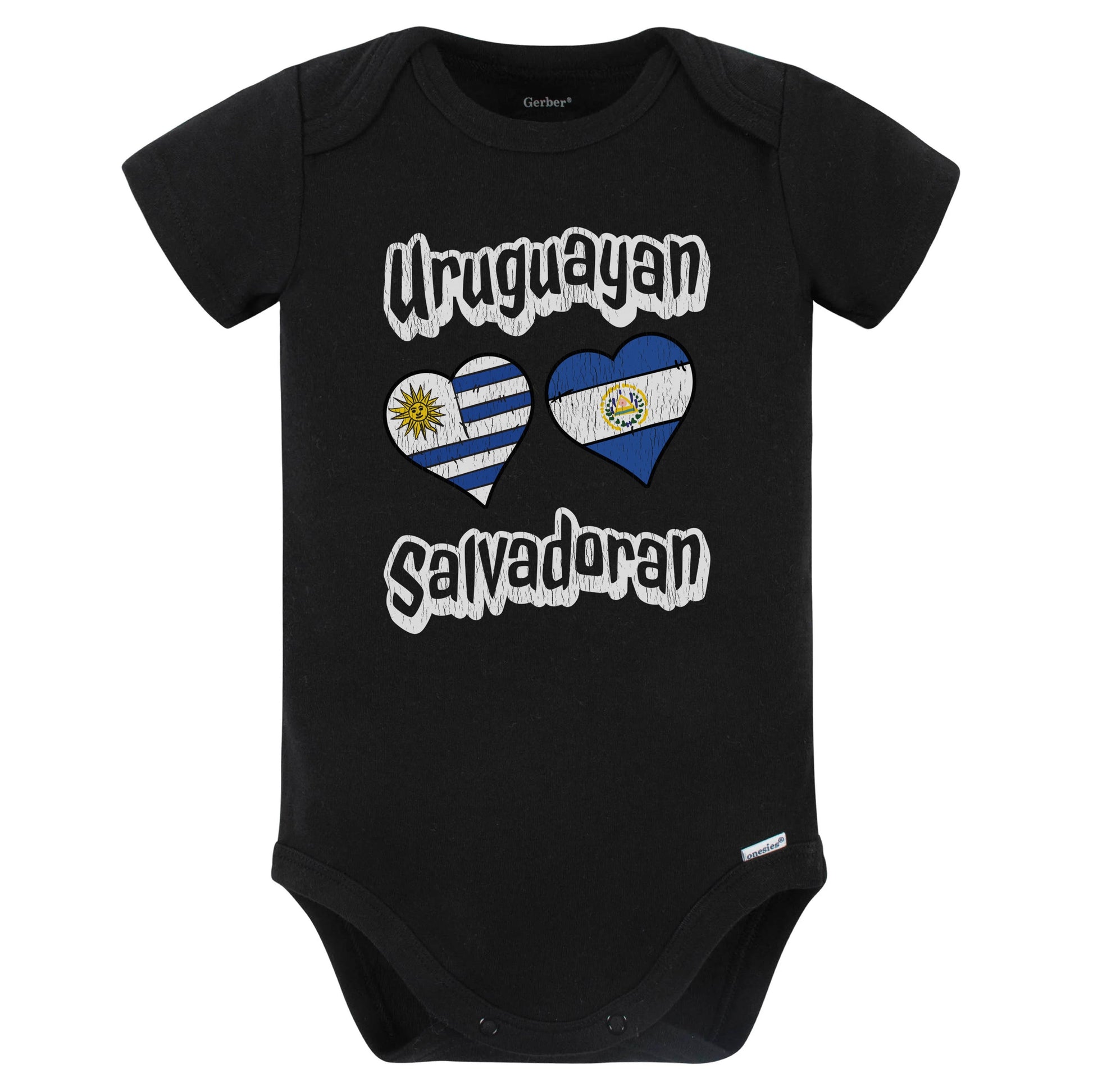 Uruguayan Salvadoran Flag Heart Combo Uruguay El Salvador Baby Bodysuit Distressed (Black)