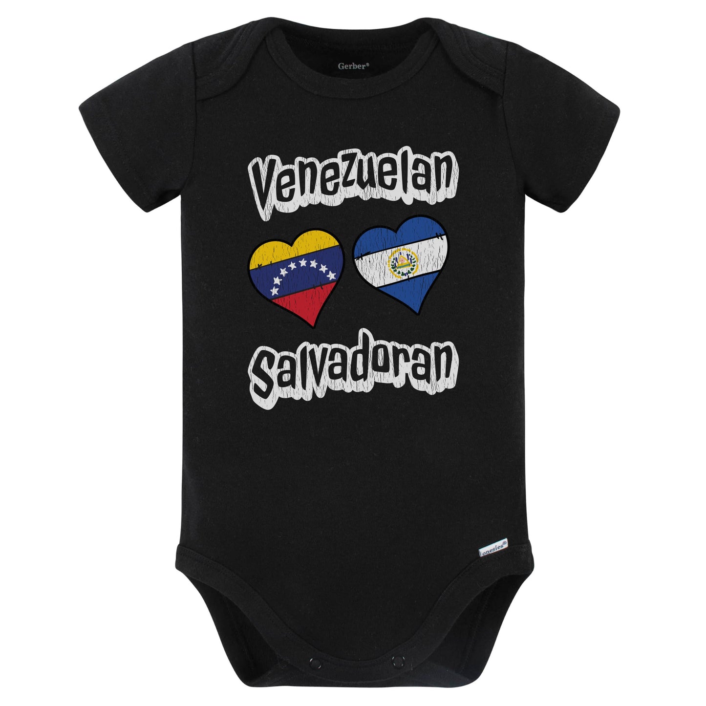 Venezuelan Salvadoran Flag Heart Combo Venezuela El Salvador Baby Bodysuit Distressed (Black)