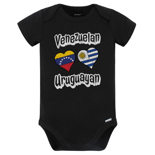 Venezuelan Uruguayan Flag Heart Combo Venezuela Uruguay Baby Bodysuit Distressed (Black)