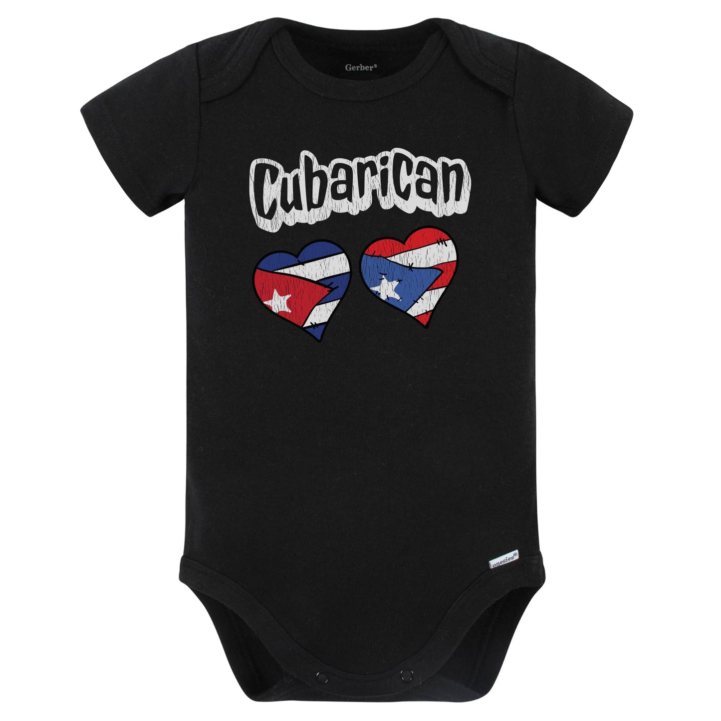 Cubarican Cuban Puerto Rican Flag Heart Combo Baby Bodysuit Distressed (Black)