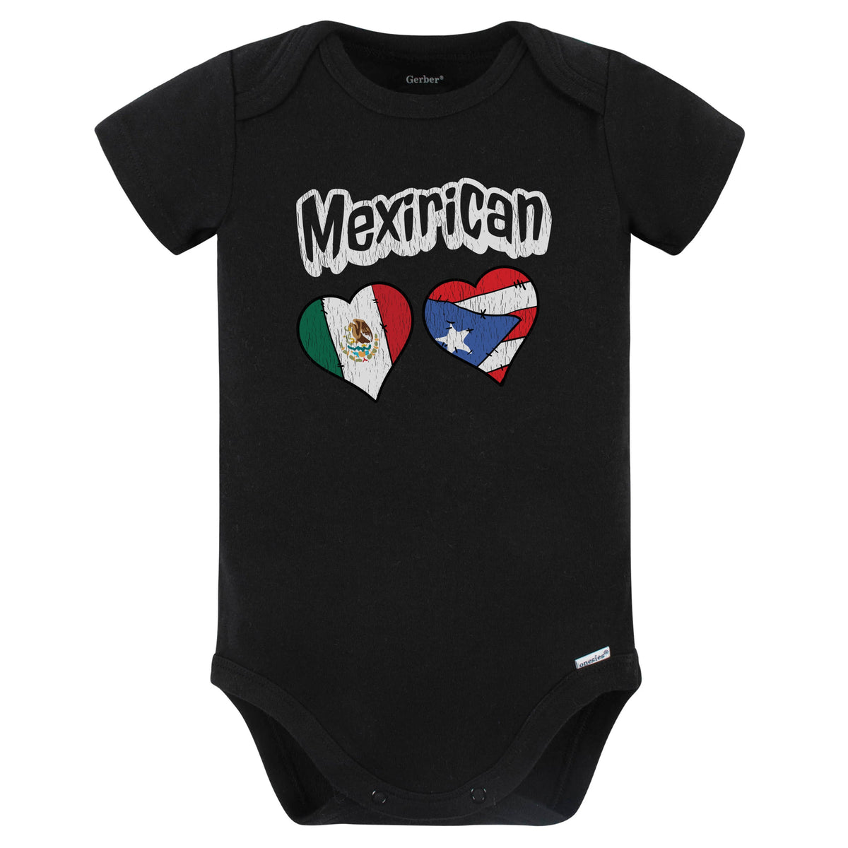 Mexirican Mexican Puerto Rican Flag Heart Combo Baby Bodysuit Distressed (Black)