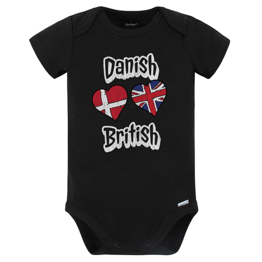 Danish British Flag Heart Combo Denmark UK Baby Bodysuit Distressed (Black)