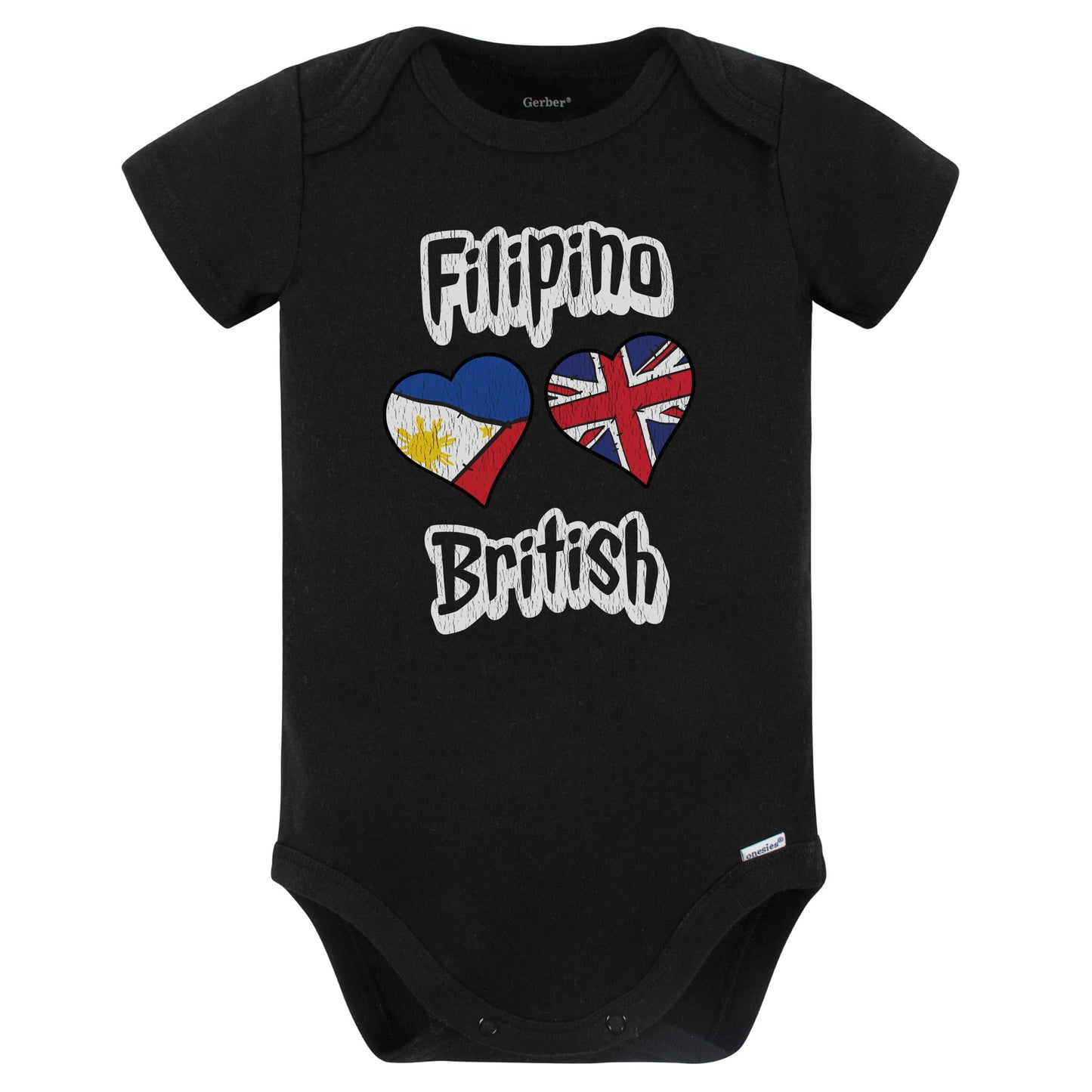 Filipino British Flag Heart Combo Philippines UK Baby Bodysuit Distressed (Black)