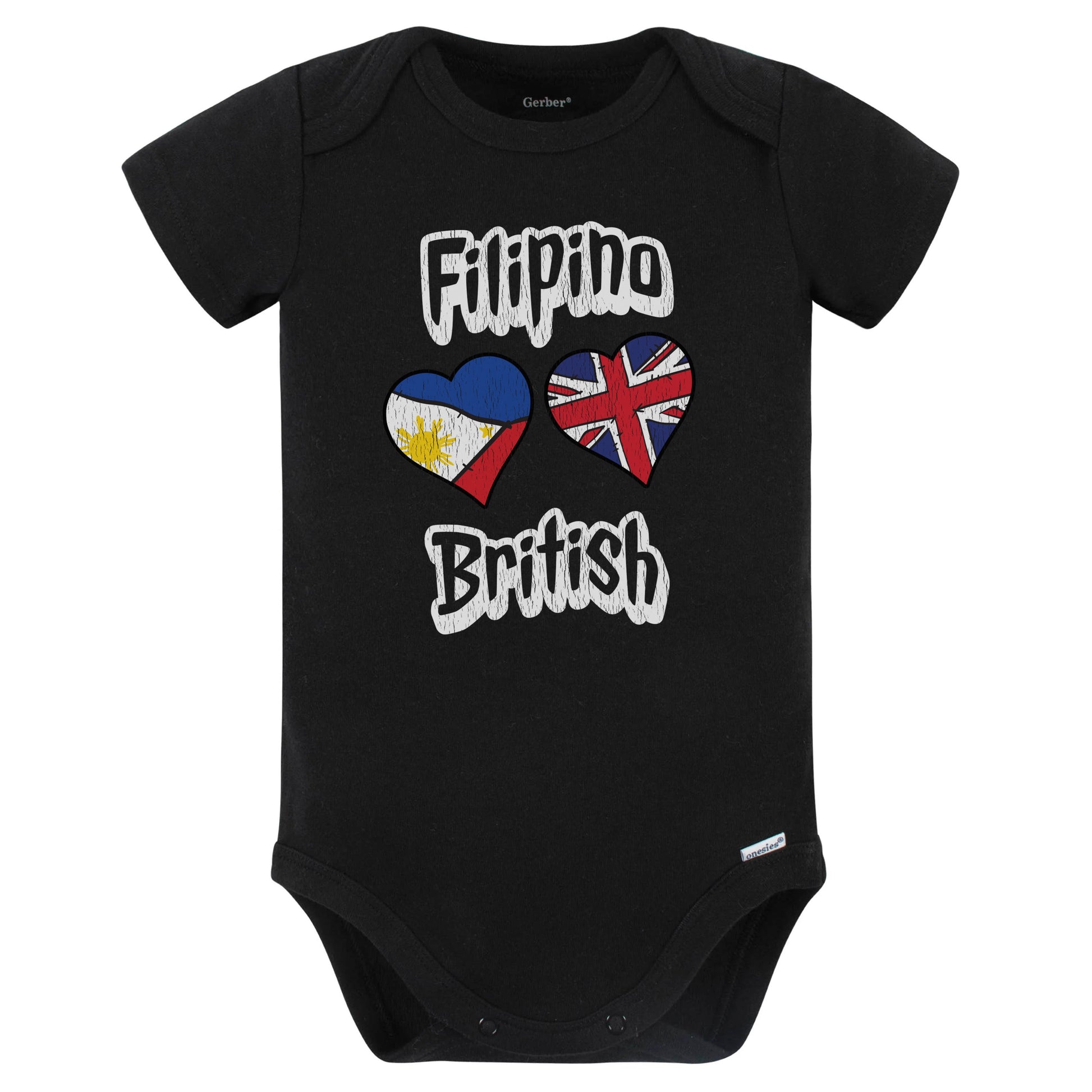 Filipino British Flag Heart Combo Philippines UK Baby Bodysuit Distressed (Black)