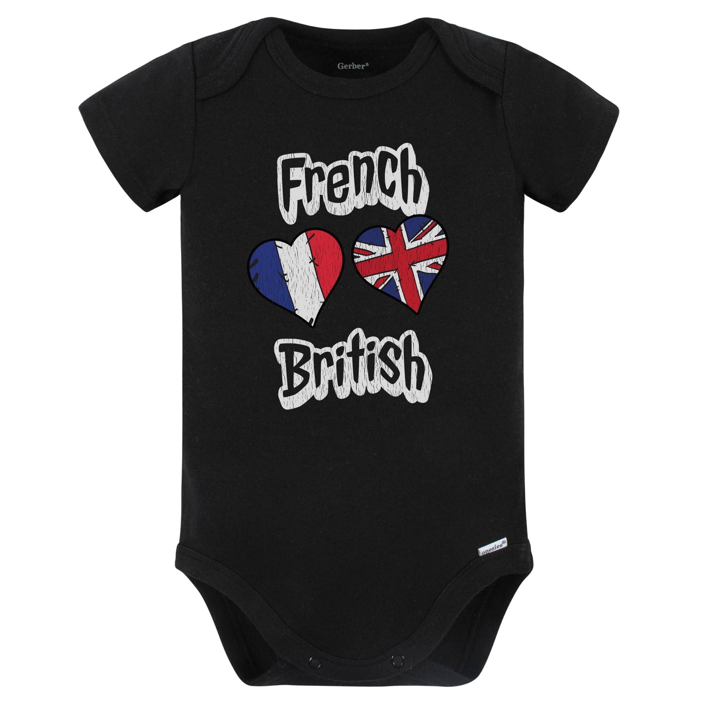 French British Flag Heart Combo France UK Baby Bodysuit Distressed (Black)