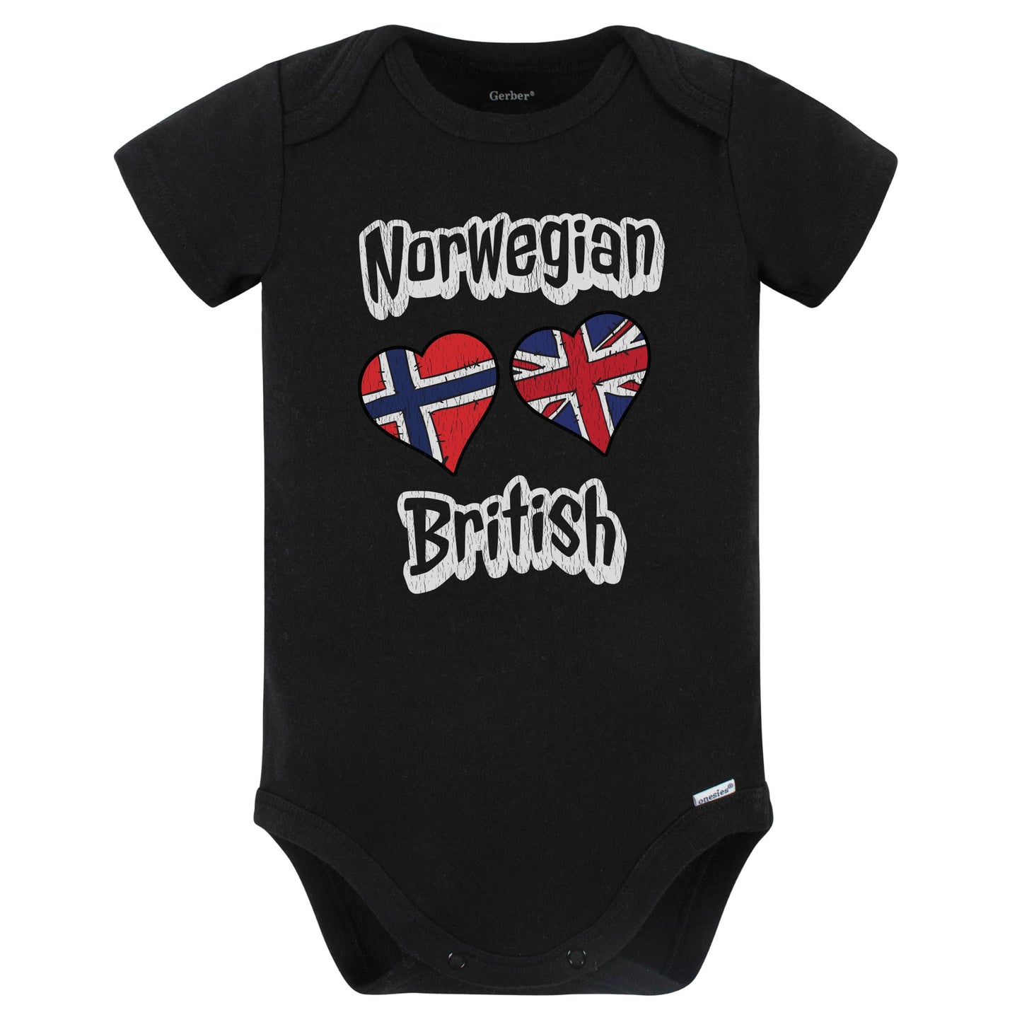 Norwegian British Flag Heart Combo Norway UK Baby Bodysuit Distressed (Black)