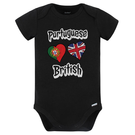 Portuguese British Flag Heart Combo Portugal UK Baby Bodysuit Distressed (Black)