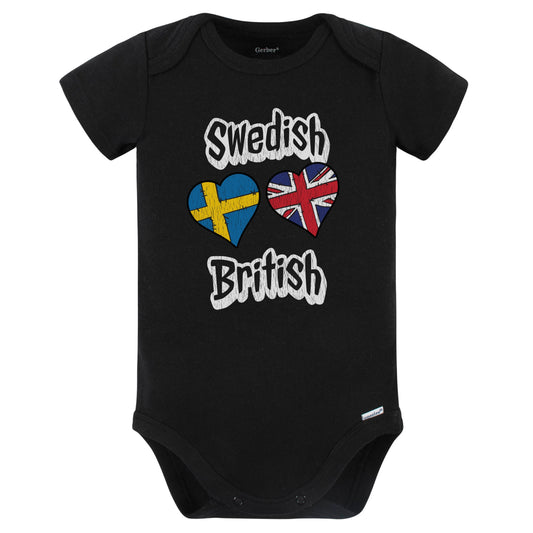 Swedish British Flag Heart Combo Sweden UK Baby Bodysuit Distressed (Black)