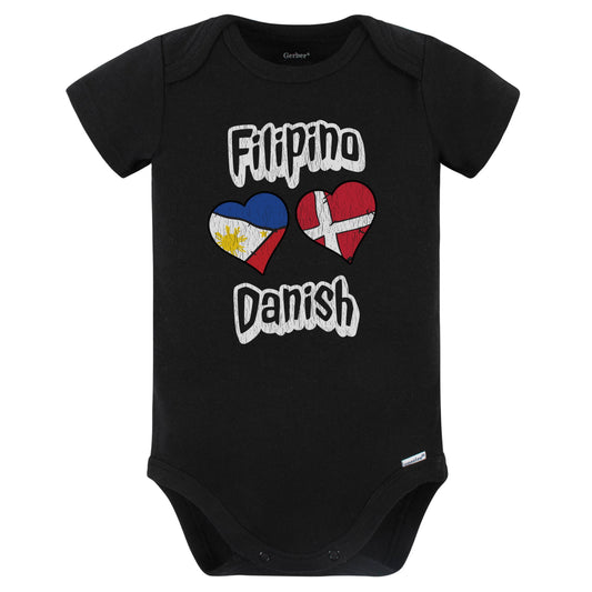 Filipino Danish Flag Heart Combo Philippines Denmark Baby Bodysuit Distressed (Black)