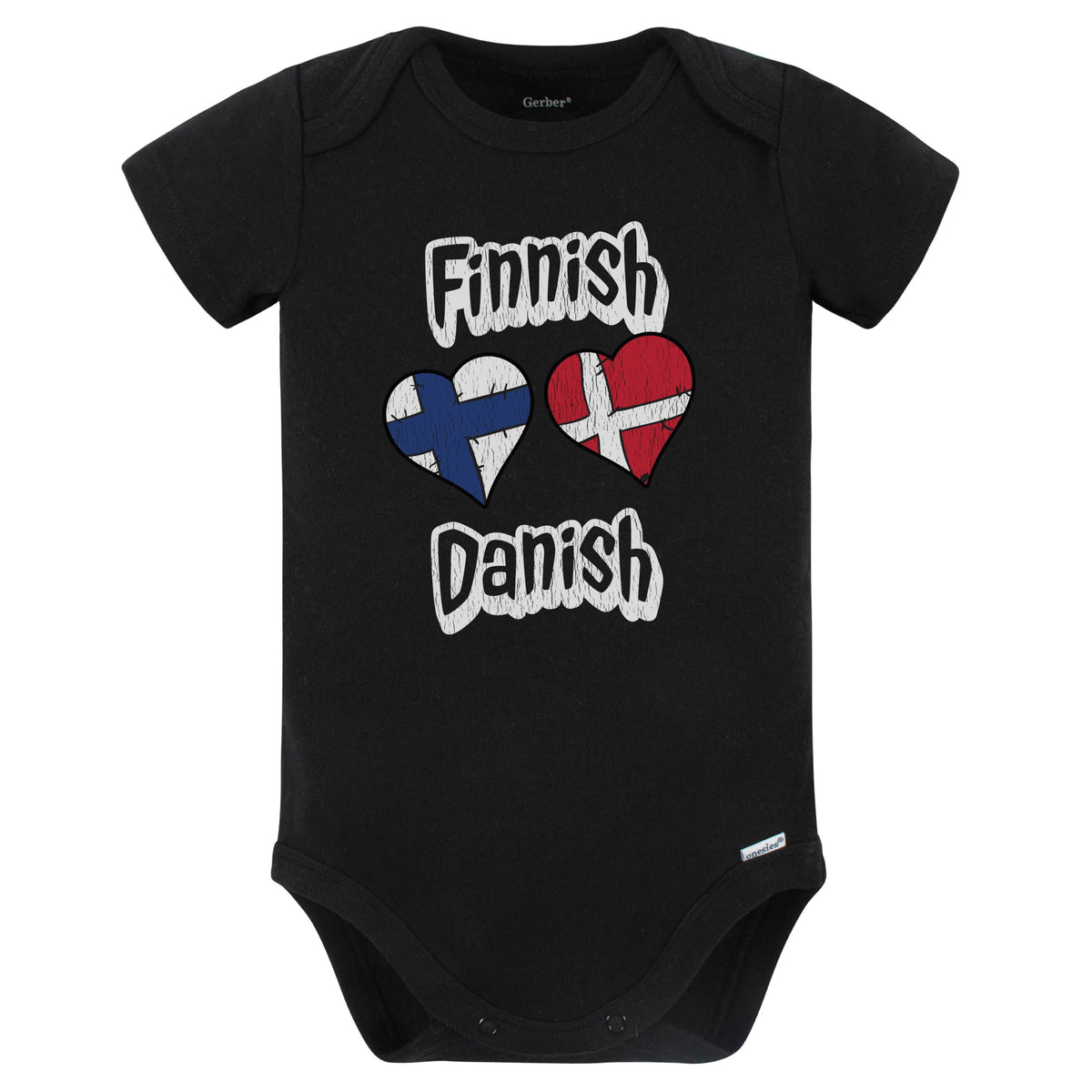 Finnish Danish Flag Heart Combo Finland Denmark Baby Bodysuit Distressed (Black)