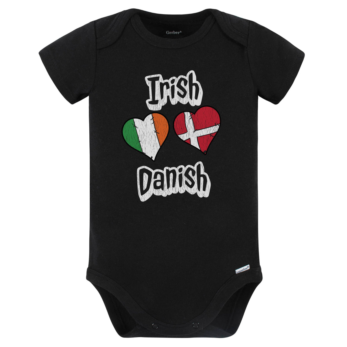 Irish Danish Flag Heart Combo Ireland Denmark Baby Bodysuit Distressed (Black)
