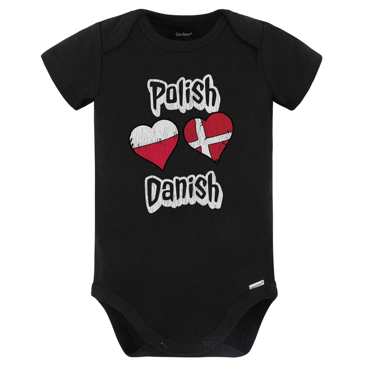 Polish Danish Flag Heart Combo Poland Denmark Baby Bodysuit Distressed (Black)