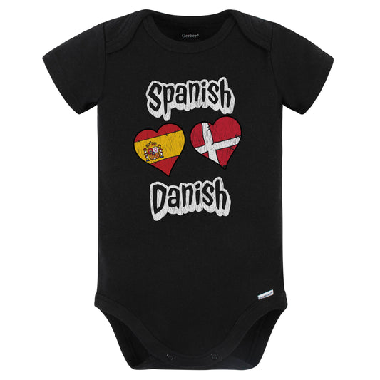 Spanish Danish Flag Heart Combo Spain Denmark Baby Bodysuit Distressed (Black)