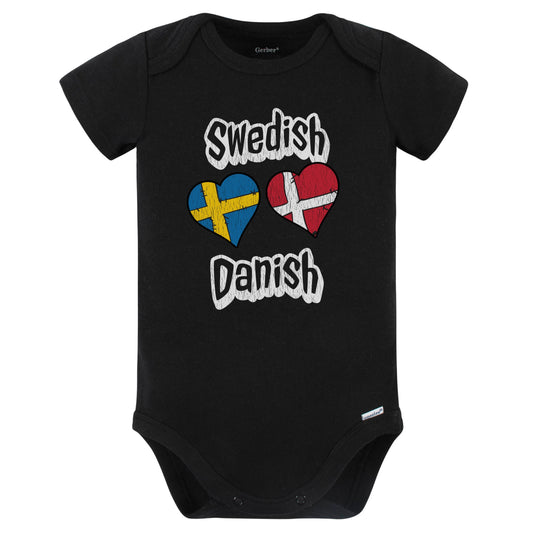 Swedish Danish Flag Heart Combo Sweden Denmark Baby Bodysuit Distressed (Black)