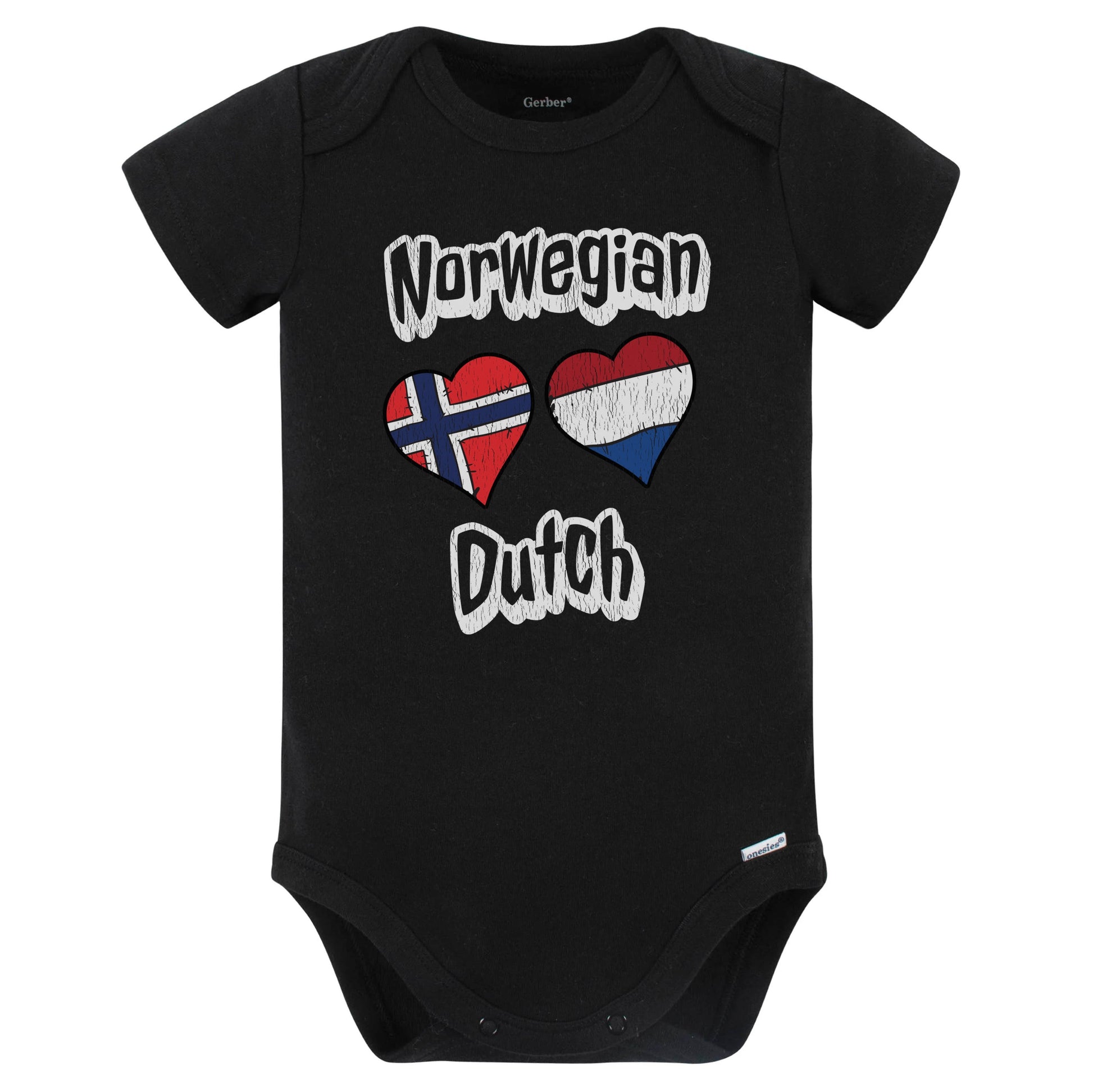 Norwegian Dutch Flag Heart Combo Norway Netherlands Baby Bodysuit Distressed (Black)