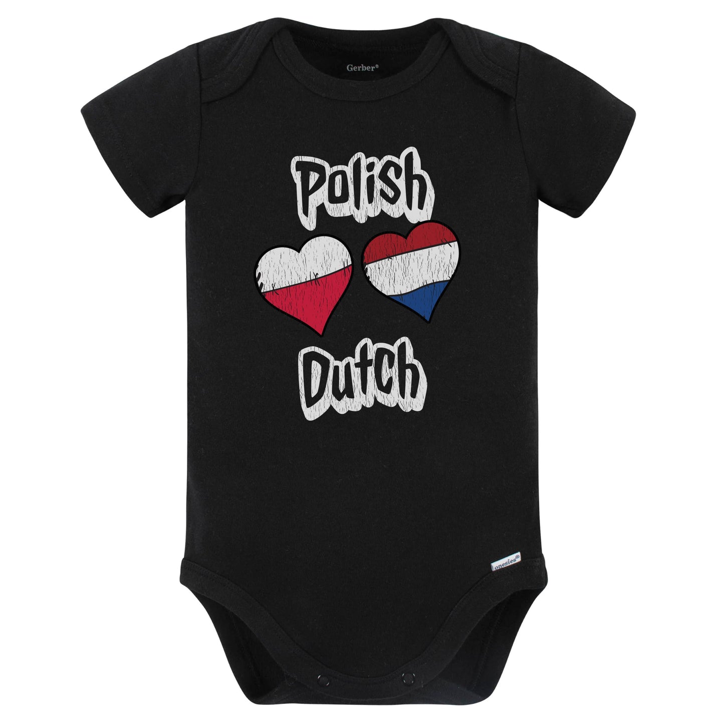 Polish Dutch Flag Heart Combo Poland Netherlands Baby Bodysuit Distressed (Black)