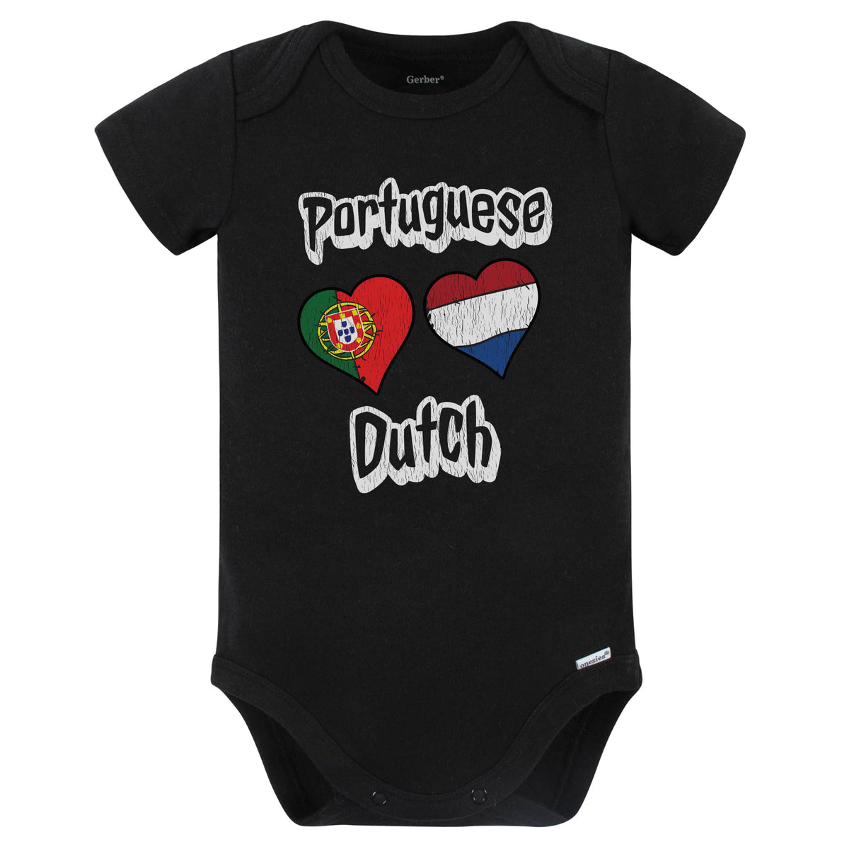 Portuguese Dutch Flag Heart Combo Portugal Netherlands Baby Bodysuit Distressed (Black)