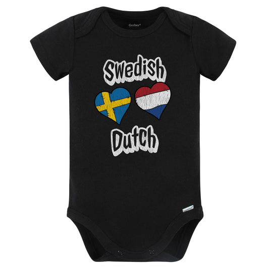 Swedish Dutch Flag Heart Combo Sweden Netherlands Baby Bodysuit Distressed (Black)