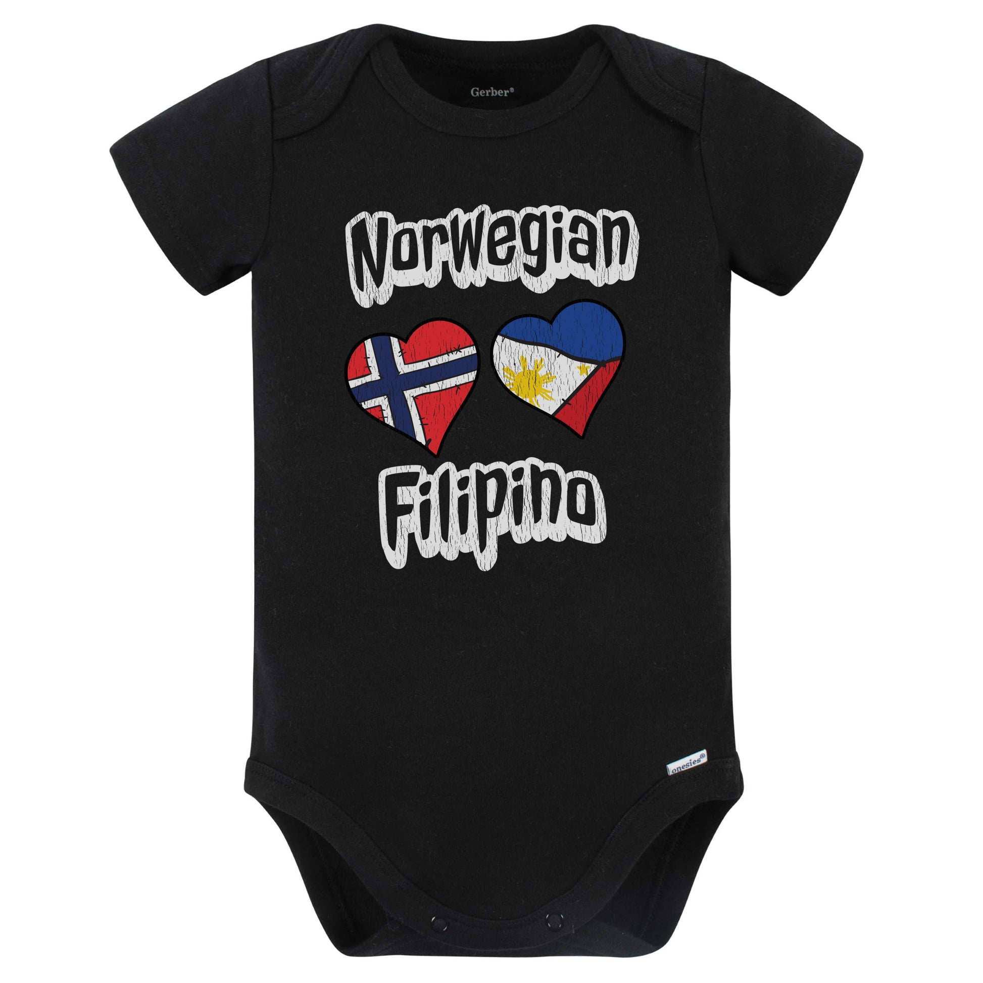 Norwegian Filipino Flag Heart Combo Norway Philippines Baby Bodysuit Distressed (Black)