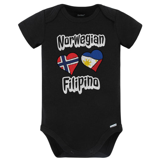 Norwegian Filipino Flag Heart Combo Norway Philippines Baby Bodysuit Distressed (Black)