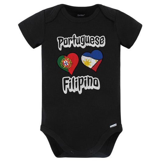 Portuguese Filipino Flag Heart Combo Portugal Philippines Baby Bodysuit Distressed (Black)