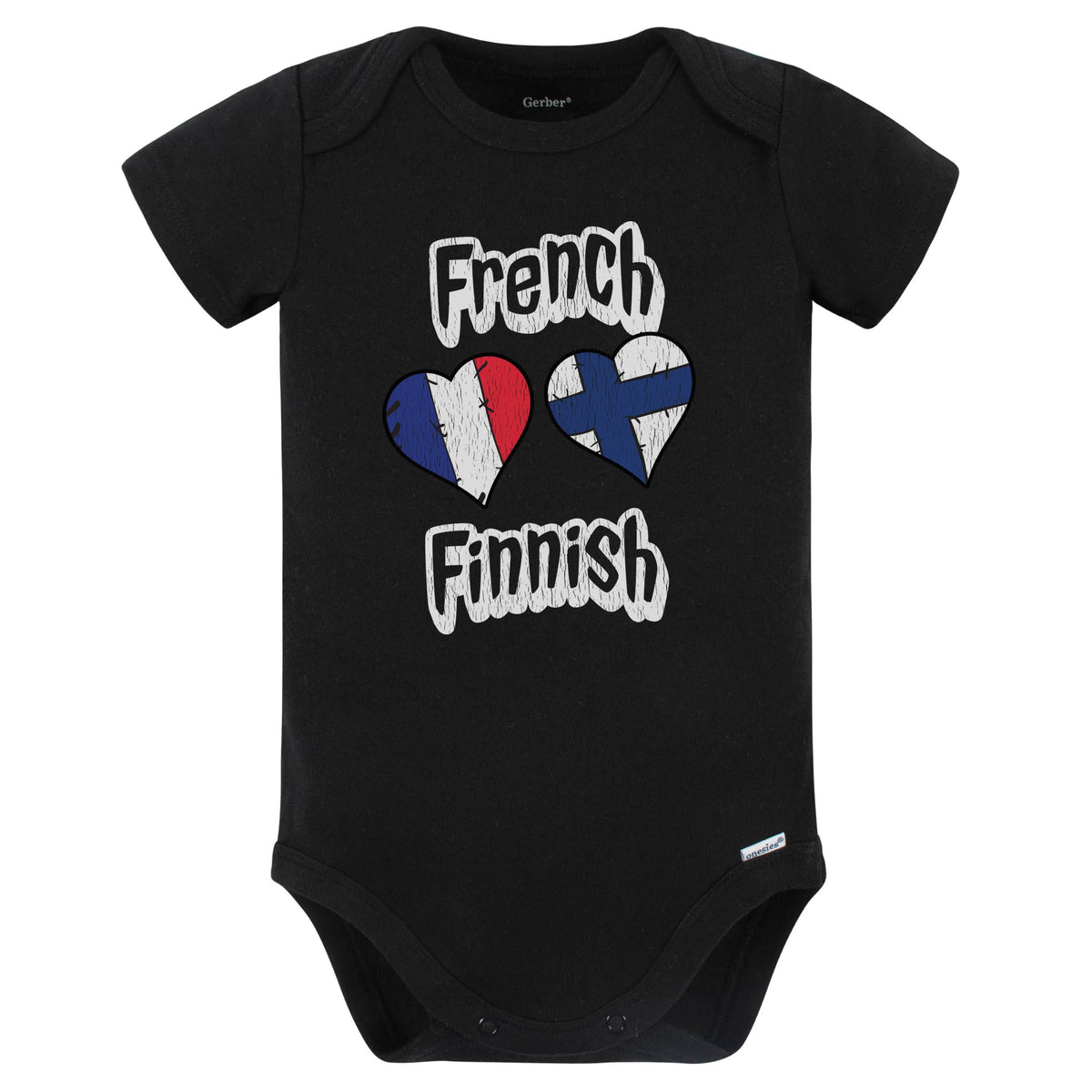 French Finnish Flag Heart Combo France Finland Baby Bodysuit Distressed (Black)