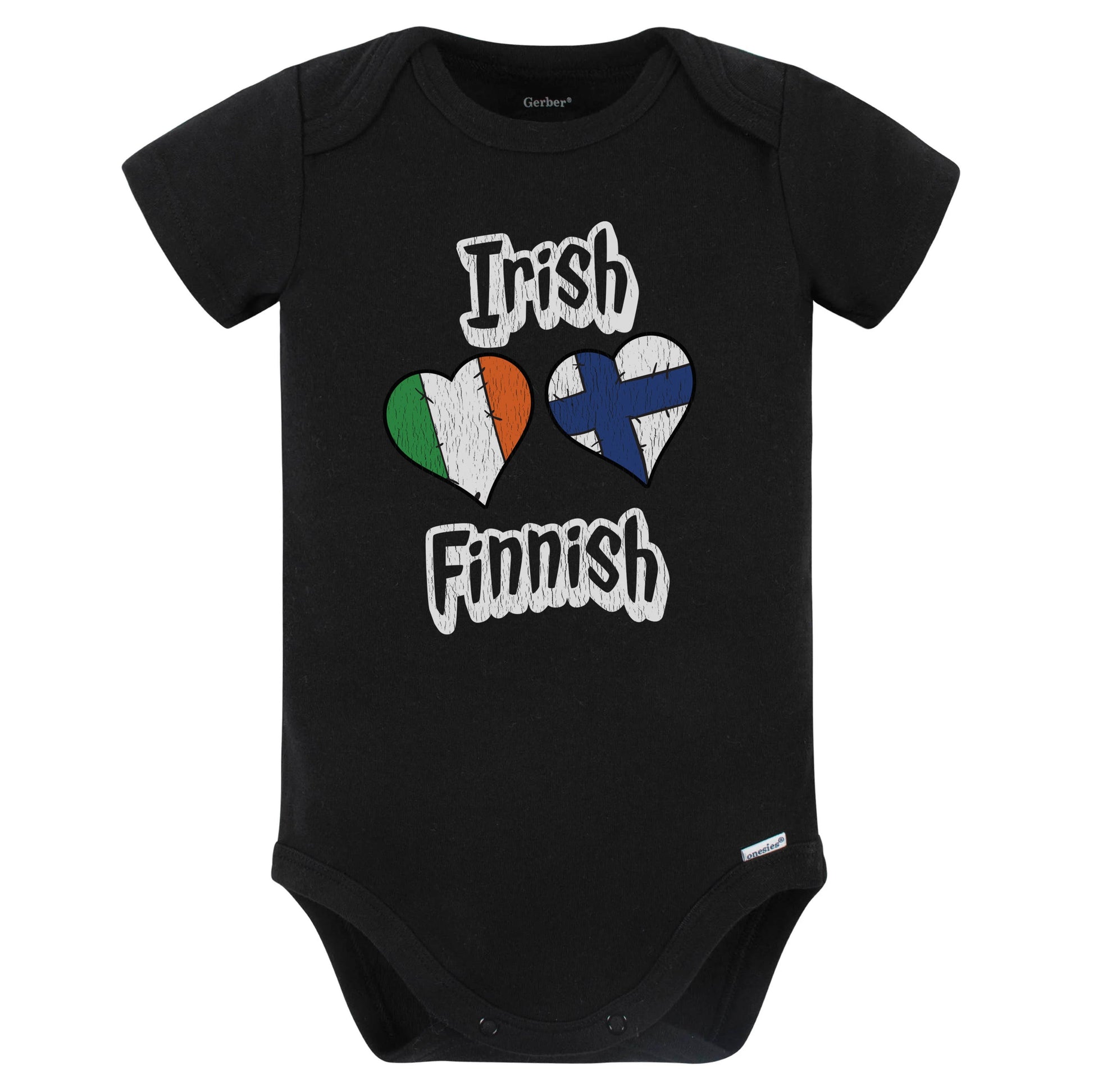 Irish Finnish Flag Heart Combo Ireland Finland Baby Bodysuit Distressed (Black)