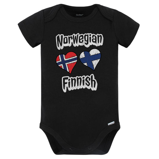 Norwegian Finnish Flag Heart Combo Norway Finland Baby Bodysuit Distressed (Black)