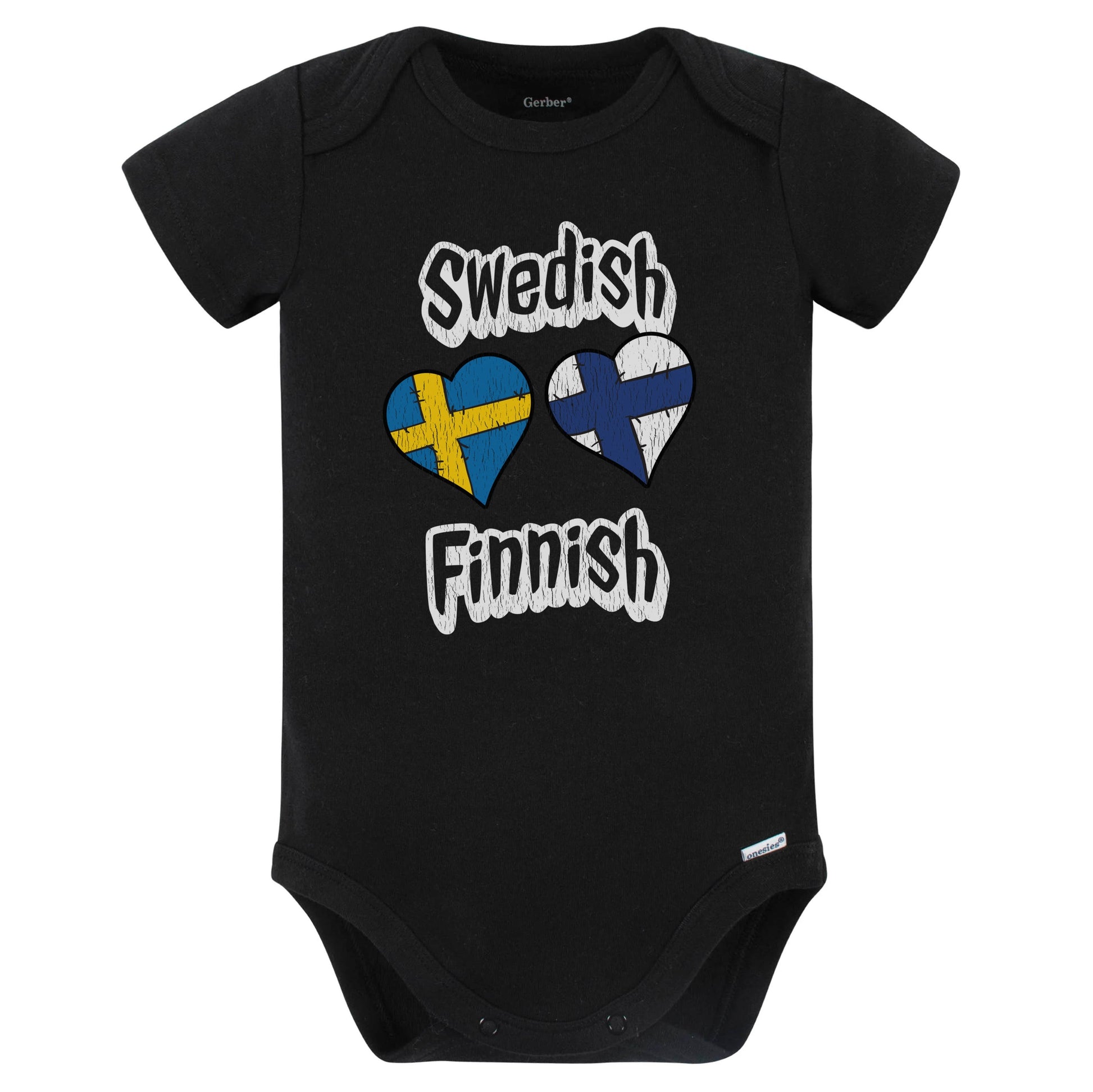Swedish Finnish Flag Heart Combo Sweden Finland Baby Bodysuit Distressed (Black)