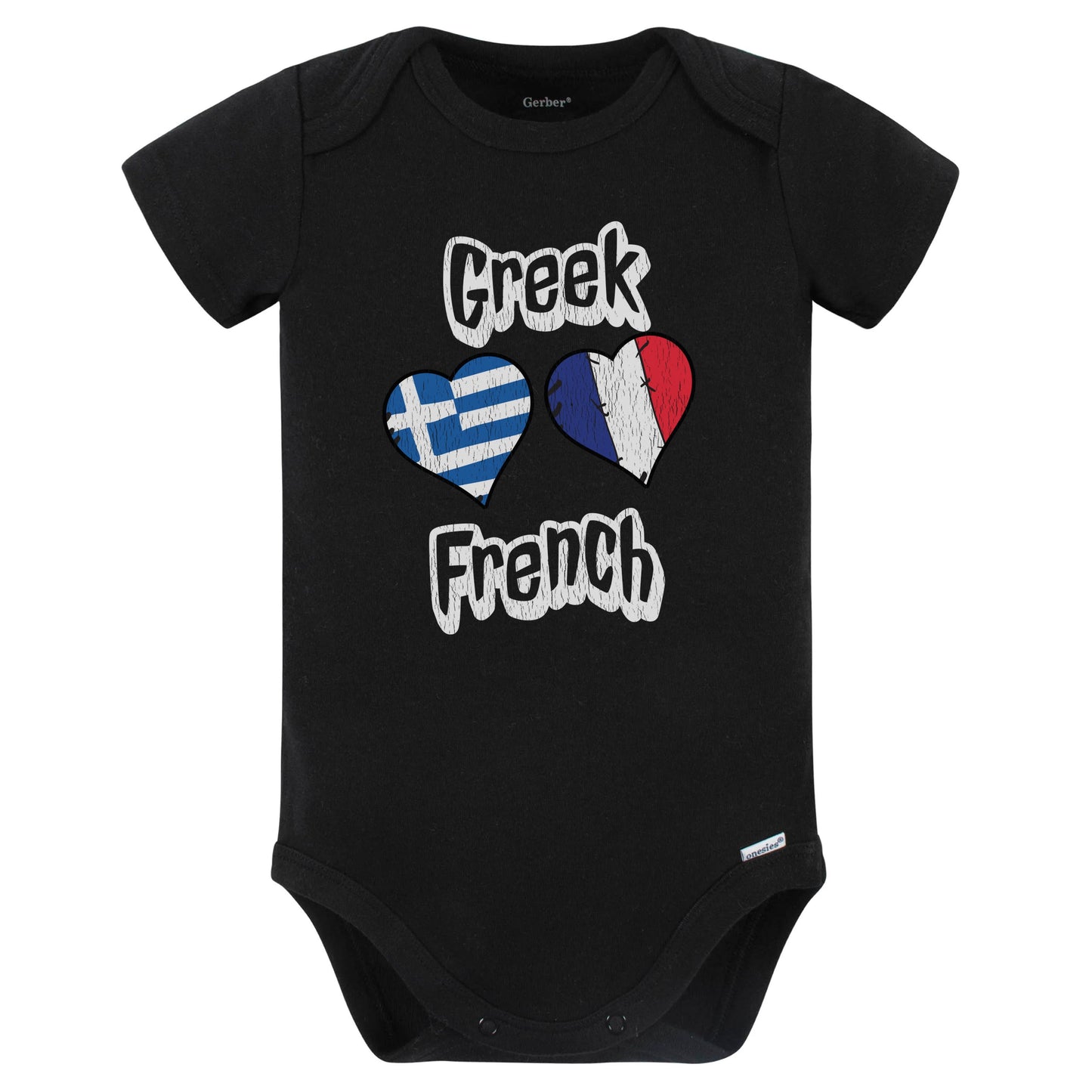 Greek French Flag Heart Combo Greece France Baby Bodysuit Distressed (Black)