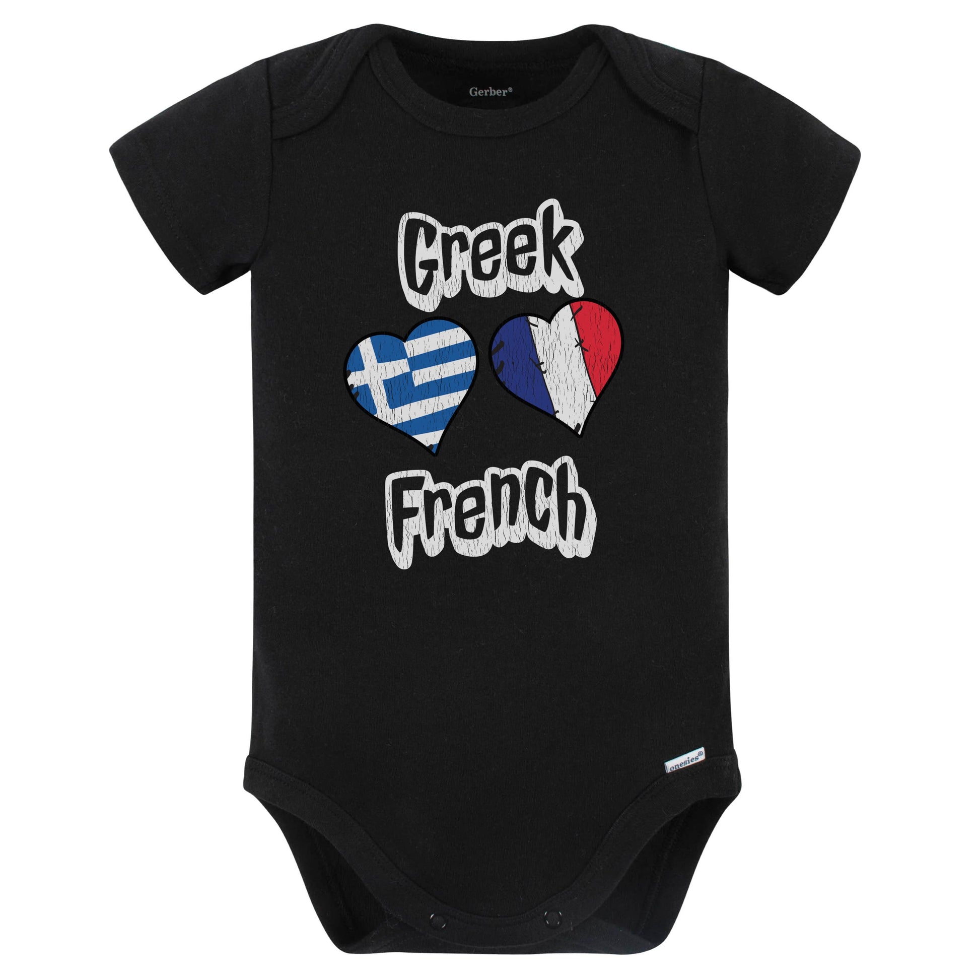 Greek French Flag Heart Combo Greece France Baby Bodysuit Distressed (Black)