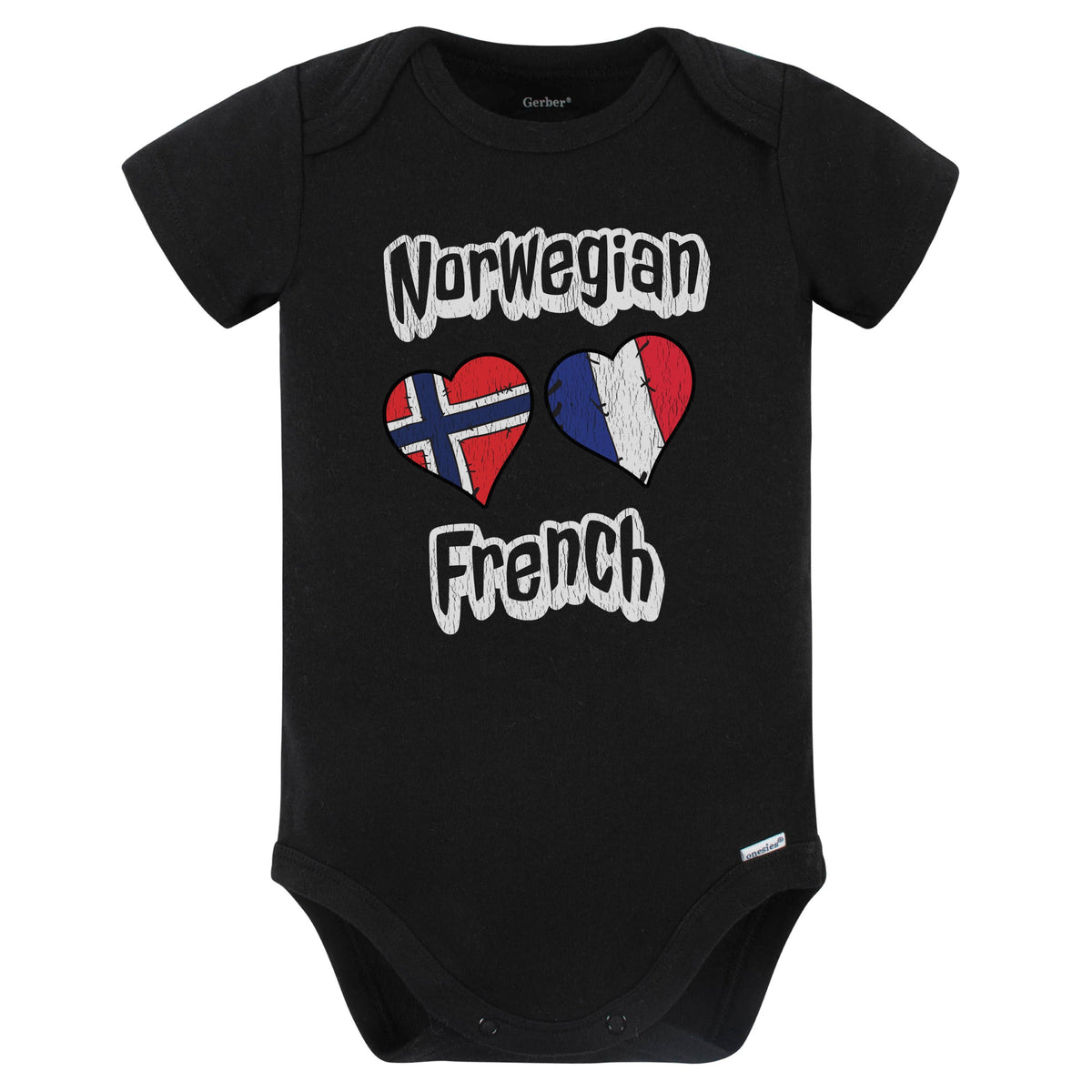 Norwegian French Flag Heart Combo Norway France Baby Bodysuit Distressed (Black)