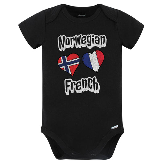 Norwegian French Flag Heart Combo Norway France Baby Bodysuit Distressed (Black)