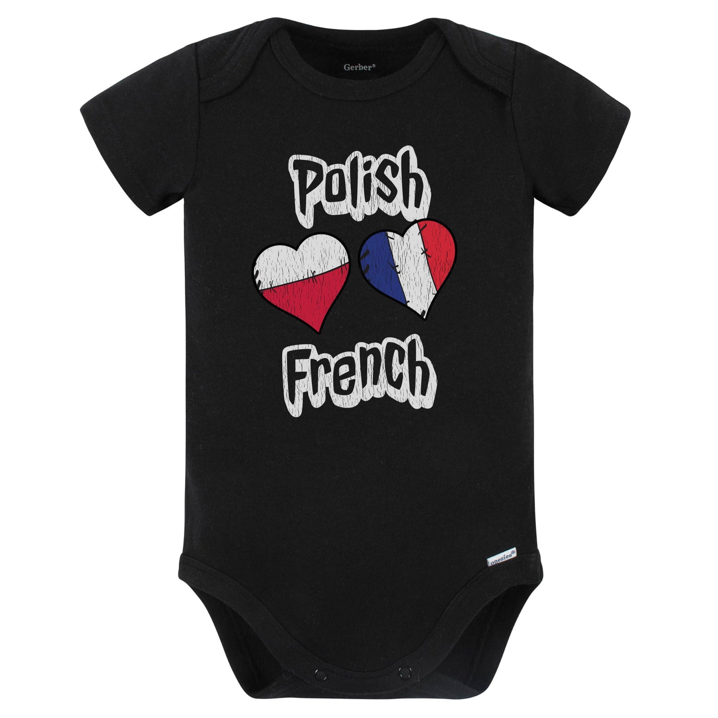 Polish French Flag Heart Combo Poland France Baby Bodysuit Distressed (Black)