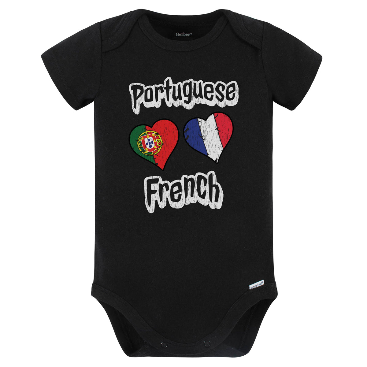 Portuguese French Flag Heart Combo Portugal France Baby Bodysuit Distressed (Black)